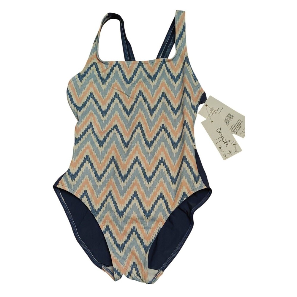 Dopple Girls One Piece Cross Back Swimsuit Sz 12 NWT Made Spain Blue Pink UPF 50